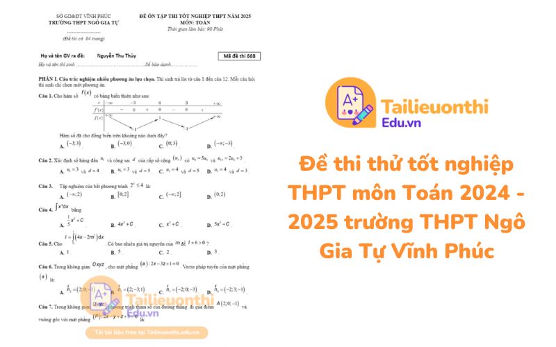 Đề thi thử tốt nghiệp THPT môn Toán 2024 - 2025 trường THPT Ngô Gia Tự Vĩnh Phúc